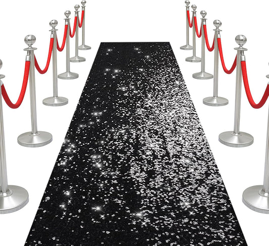 PartyDelight Black Carpet Runner for Party 2.6FTx15FT Sequin Wedding Aisle Runner Sparkly Rug for Prom Ceremony Indoor Outdoor Engagement Decoration