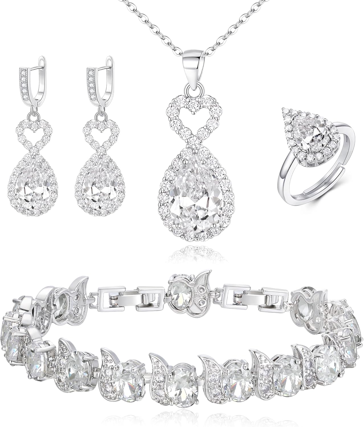 BriLove Wedding Jewelry Set for Women Bride Bridesmaid, Gorgeous Cubic Zirconia Teardrop Necklace Earrings Bracelet Adjustable Ring Jewelry Gift for Birthday/Anniversary/Mother’s Day