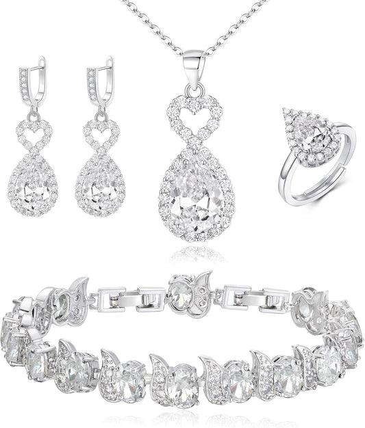 BriLove Wedding Jewelry Set for Women Bride Bridesmaid, Gorgeous Cubic Zirconia Teardrop Necklace Earrings Bracelet Adjustable Ring Jewelry Gift for Birthday/Anniversary/Mother’s Day