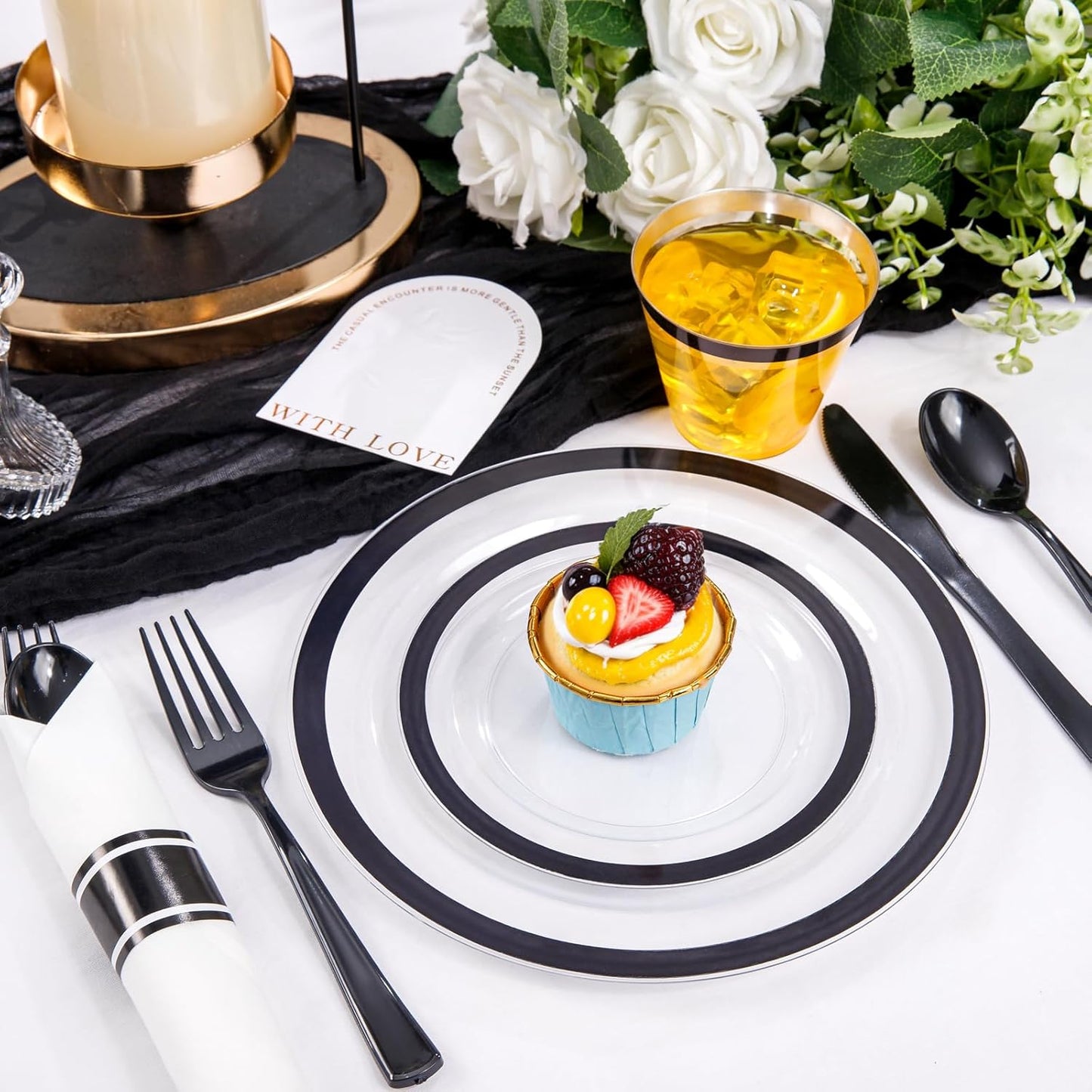 Liacere 350PCS - Clear Plates with Black Rim for 50Guests Dinnerware Include 100 Clear Plates disposable 150 Black Silverware 50 Napkins for Party&New Year