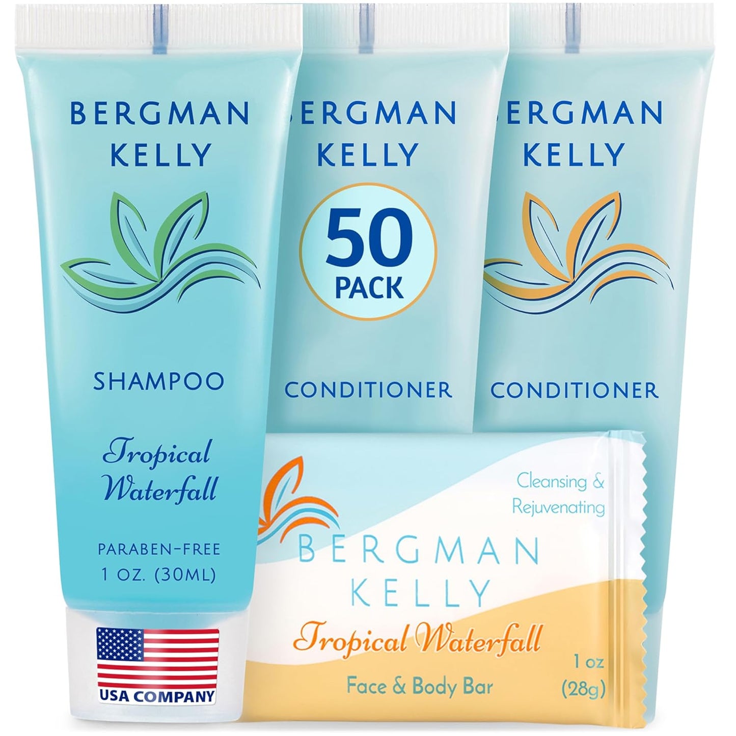 BERGMAN KELLY Rectangular Hotel Soap Bars, Shampoo & Conditioner 3-Piece Set (1 oz each, 150 pc, Tropical Waterfall), Delight Guests w/Invigorating & Refreshing Bulk Travel Size Hotel Toiletries