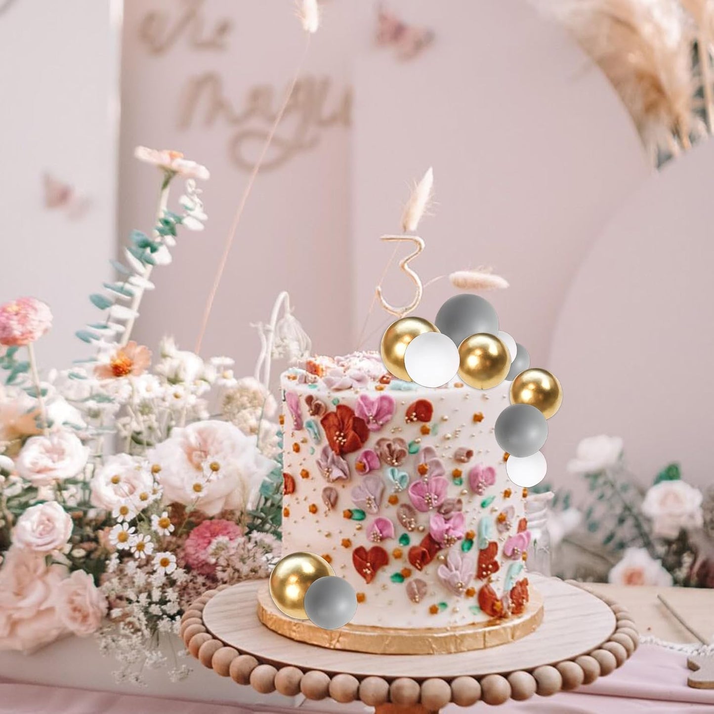 24 PCS Ball Cake Toppers Balls Cupcake Toppers Insert Foam Ball Cake Picks Mini Balloon Cake Decoration for Wedding Baby Shower Birthday Party Cake Decorations Supplies Dark Grey Gold White