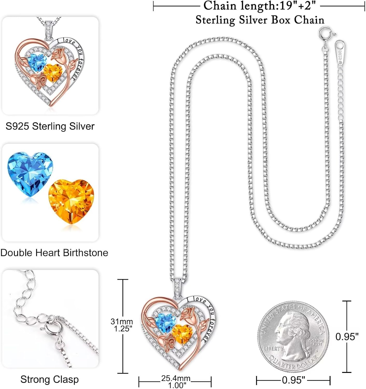 Iefil Birthstone Necklace for Women - Sterling Silver Birthstone Necklace Anniversary Birthday Gifts for Her Wife Mom Daughter