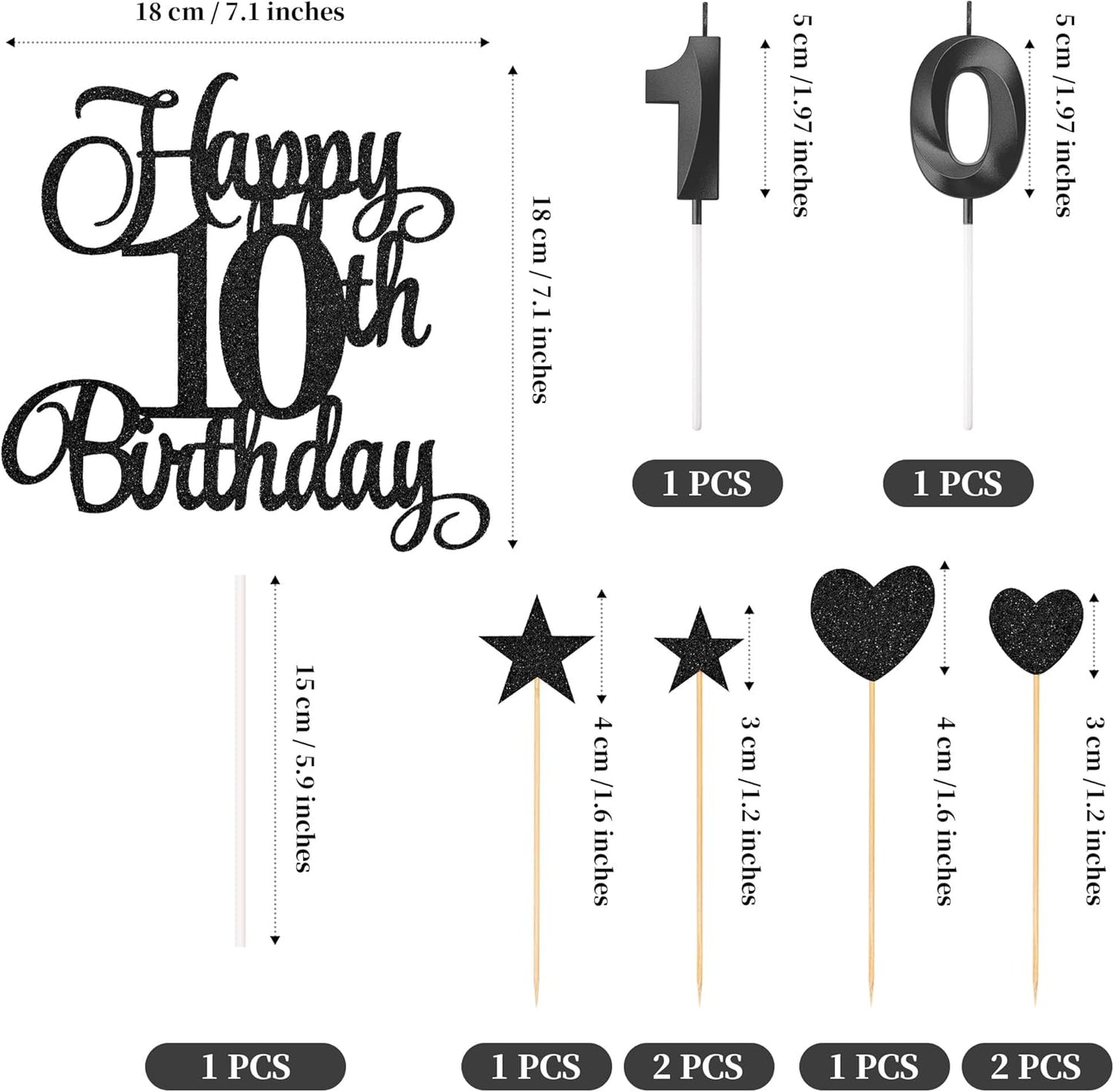 10th Birthday Cake Decorations, 10th Birthday Candles Cake Numeral Candles and Glitter Happy 10th Birthday Cake Toppers Set for Birthday Party Supplies (Black)