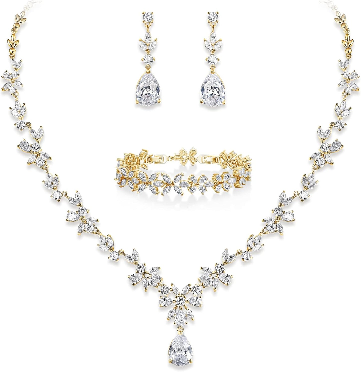 EVER FAITH Bridal Jewelry Set for Bride Bridesmaid, Flower Leaf Teardrop Cubic Zirconia Necklace Dangle Earrings Bracelet Sets Wedding Party for Women