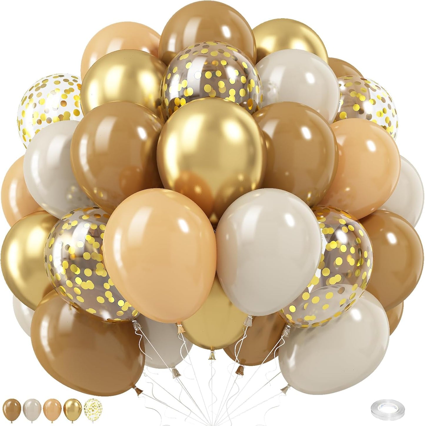 Brown and Gold Balloons, 60PCS 12 Inch Brown Sand White and Nude Balloon Set with Metallic Gold Confetti Balloons, Latex Helium Balloon for Birthday Wedding Graduation Anniversary Party Decorations