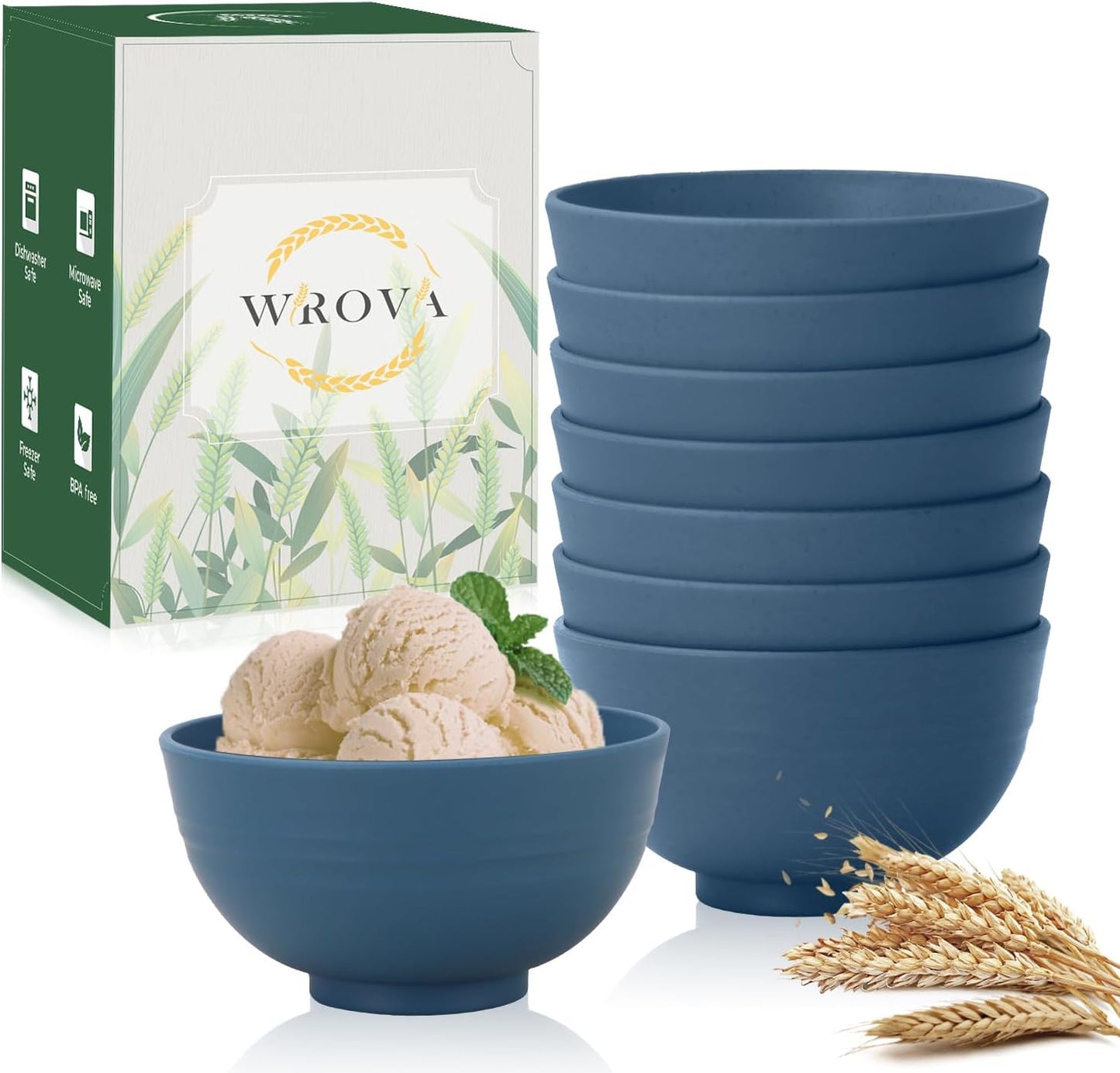 Wrova wheat straw dessert bowls 10oz set of 8 - Unbreakable snack Bowls Dishwasher Safe - Handy Bowls for Ice Cream,Yogurt and Fruits. Blue
