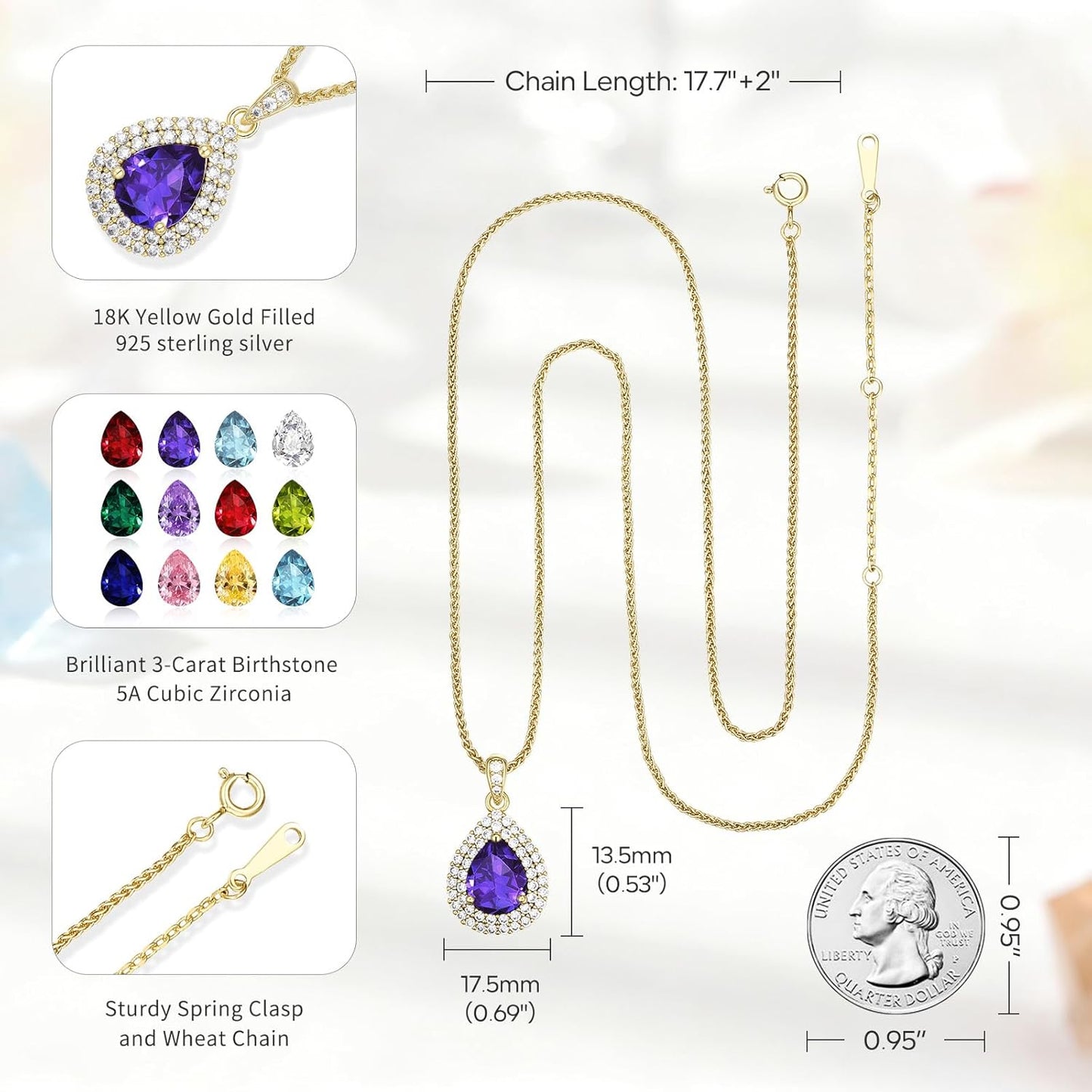 Gold Necklace for Women-Teardrop Birthstone Pendant-18K Gold Plated Chain with Light-Up Gift Box, Jewelry for Women,Anniversary Birthday Gifts for Her Wife Girlfriend Mom,Womens Jewelry