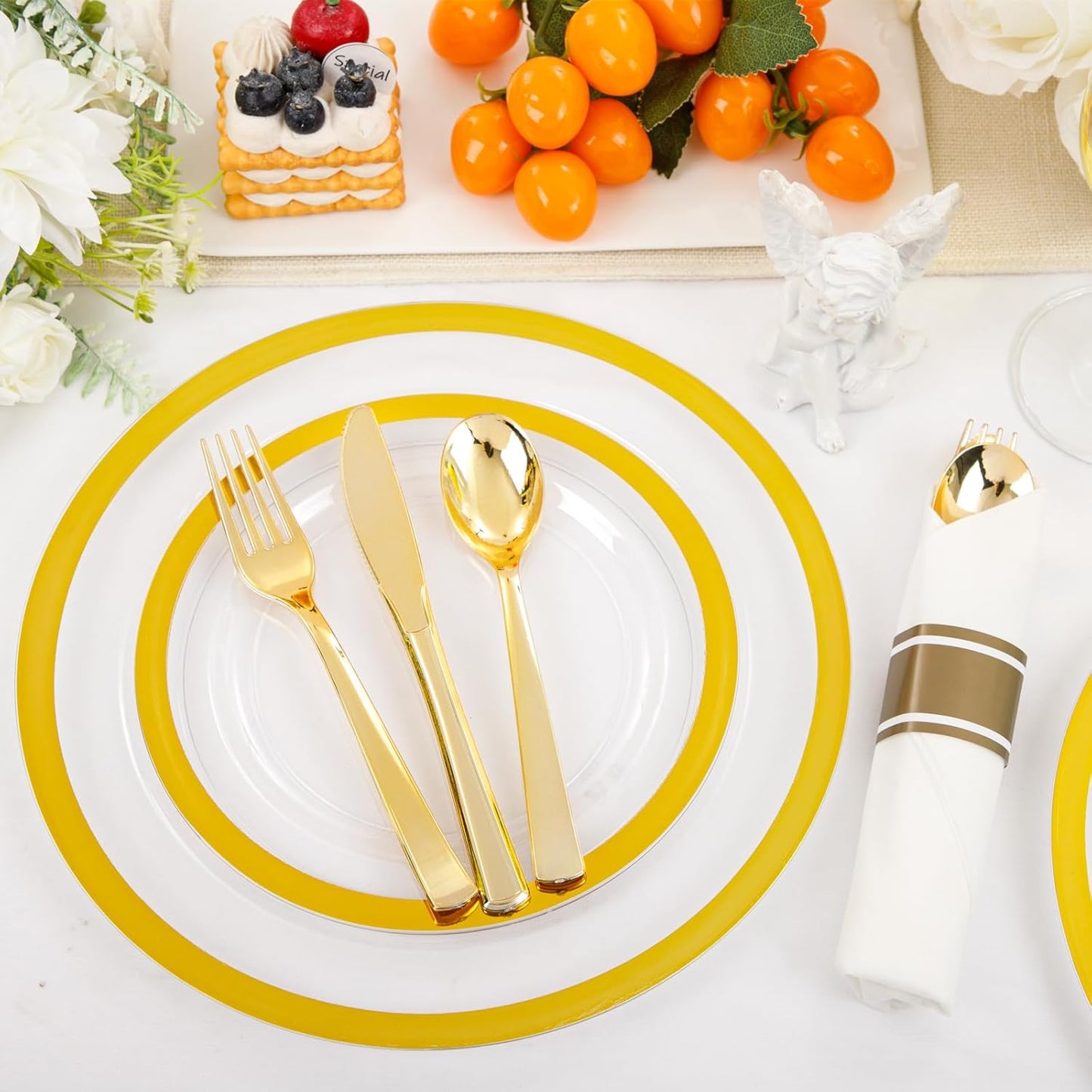 I00000 210 Pcs Clear Plastic Plates,Gold Disposable Plates,Include 30 Dinner Plates 10.25'',30 Dessert Plates 7.5'',30 Gold Rim Cups 30 Pre Rolled Napkins with Plastic Cutlery for Thanksgiving