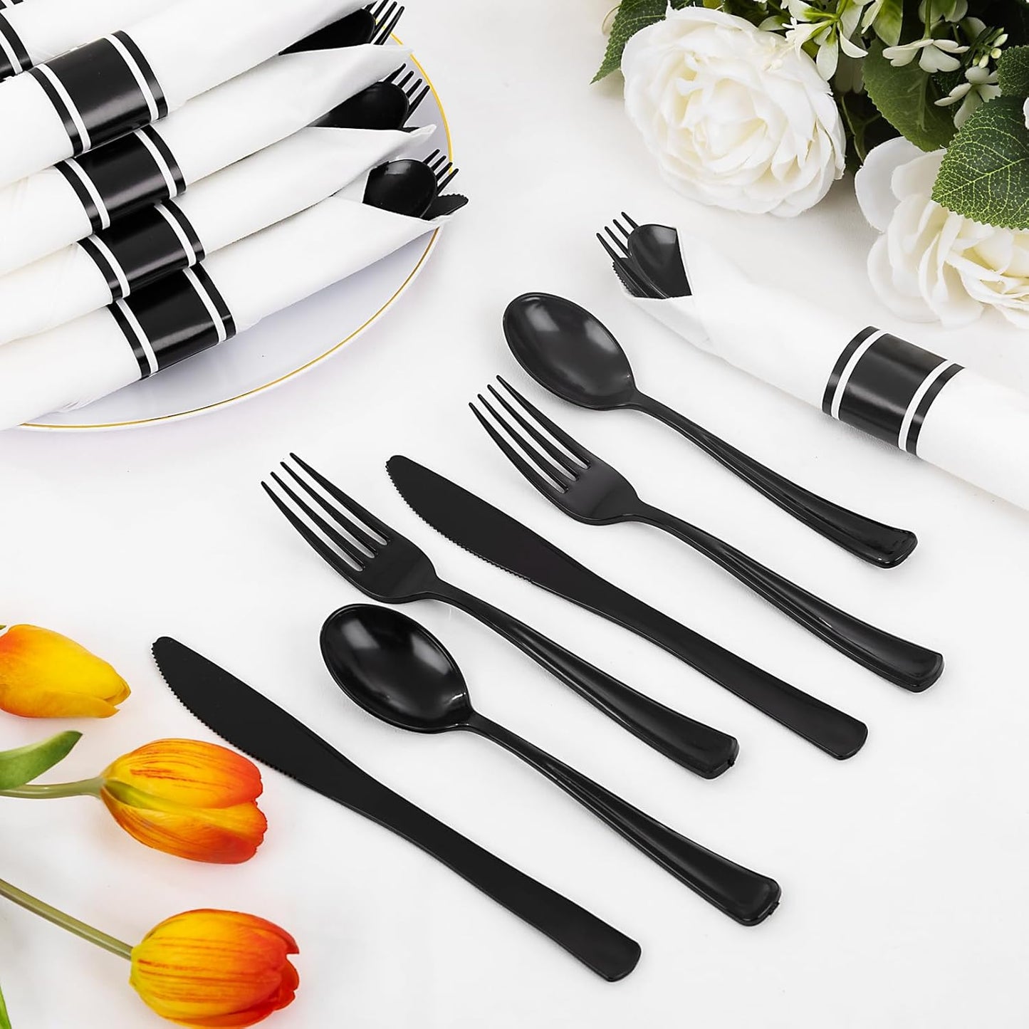 Supernal 120 Pack Black Plastic Silverware,Rolled Silverware Disposable,Pre Wrapped Cutlery Set with Napkin,Plastic Utensils Heavy Duty, Rolled Black Cutlery