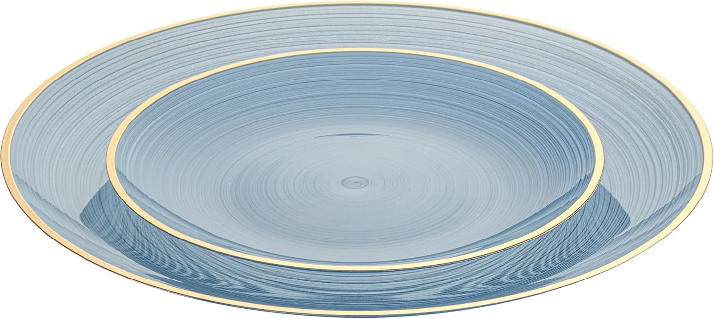 Restaurantware Plastic Plates 40 Pcs 7.13" and 10" Combo Gold Rimmed Plate Set Disposable Heavy-Duty Blue Translucent Rippled Plastic Dinner Servers for Party, Weddings, Salads, Desserts
