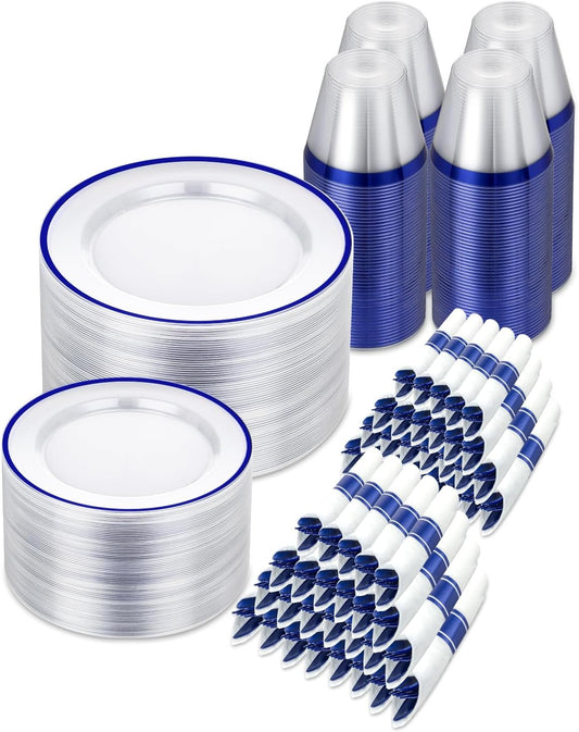 700PCS Clear Blue Disposable Plastic Dinnerware Set for 100 Guests, 200 Plastic Plates, 100 Cups, 100 Pre-Rolled Napkins with Cutlery for Party, Birthday, Christmas, Wedding, Thanksgiving, Halloween