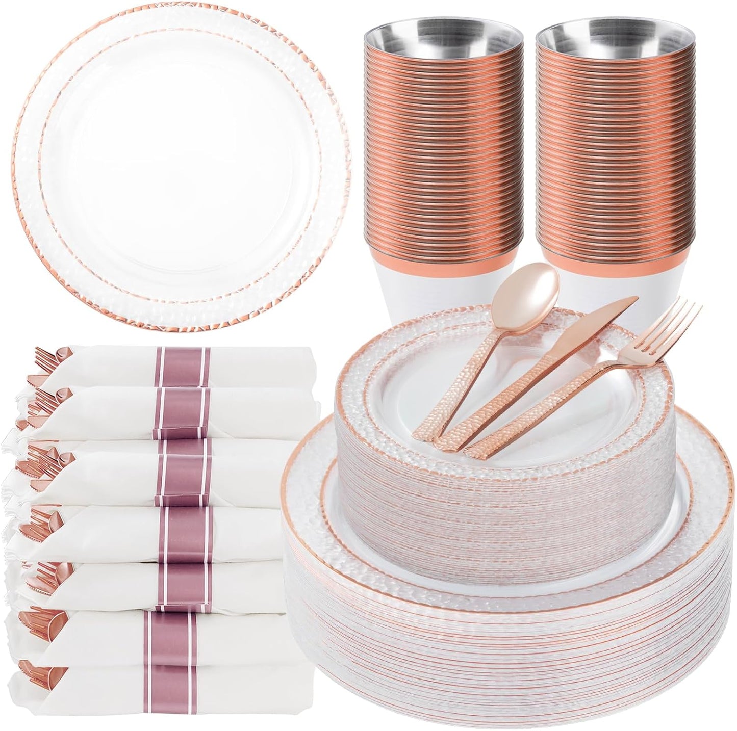 350PCS Clear Plastic Plates with Rose Gold Trim for 50 Guests, Disposable Dinnerware Set for Party, Wedding, Include 100 Plastic Plates, 50 Pre Rolled Napkins with Silverware, 50 Cups