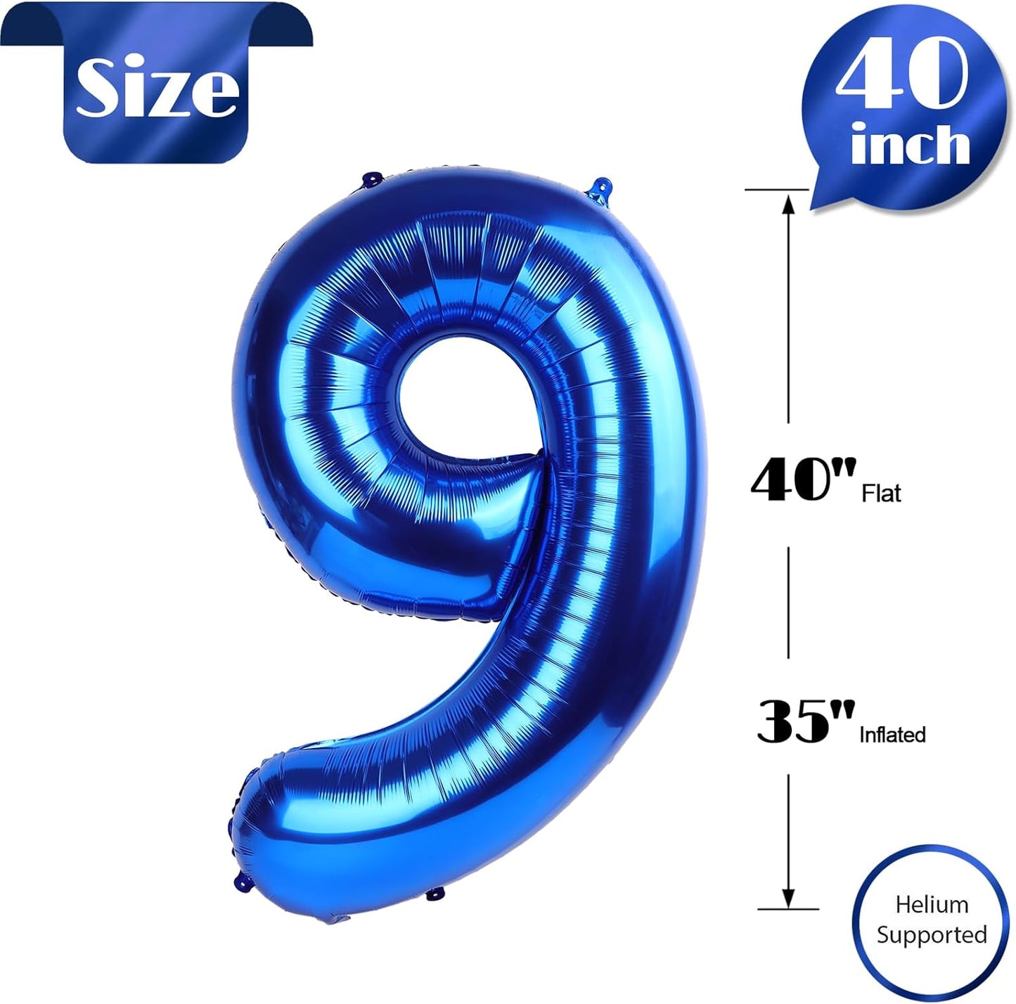 Navy Blue 9 Balloon, Number Balloon 40 Inch, Blue Party Decorations, Giant Birthday Decorations for 9th 19th 29th 90th, Number 9 Balloon