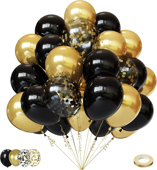 Black and Gold Balloons,75PCS Gold and Black Balloons,12in and 5in Black Gold Latex Party Balloons for Birthday, New Years, Wedding, Graduation Decorations