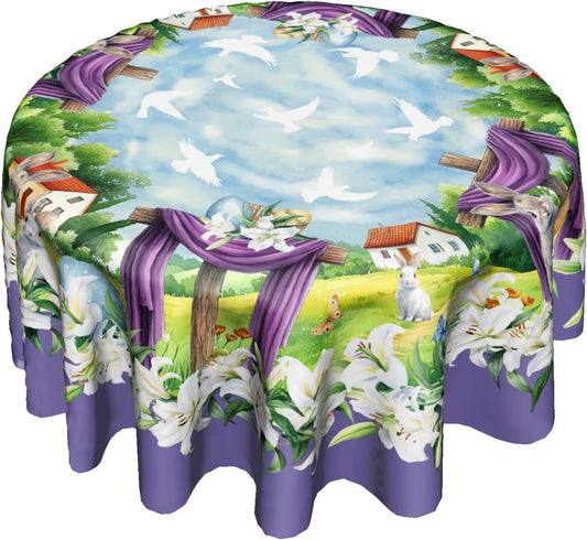 Giwawa Easter Cross Round Tablecloth 60 Inch Spring Bunny Rabbits Eggs Hunt Table Cloth for Kitchen Dining Lily Flowers Polyester Table Cover Holiday Party Picnic Farmhouse Decoration