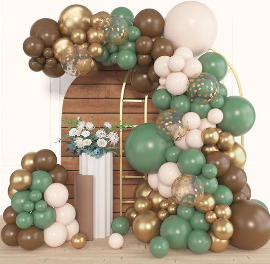Amandir 153pcs Sage Green Brown Balloon Garland Arch Kit, Different Sizes 18 12 10 5 inch Olive Green Gold Latex Metallic Confetti Balloons for Safari Jungle Woodland Birthday Baby Shower Decorations