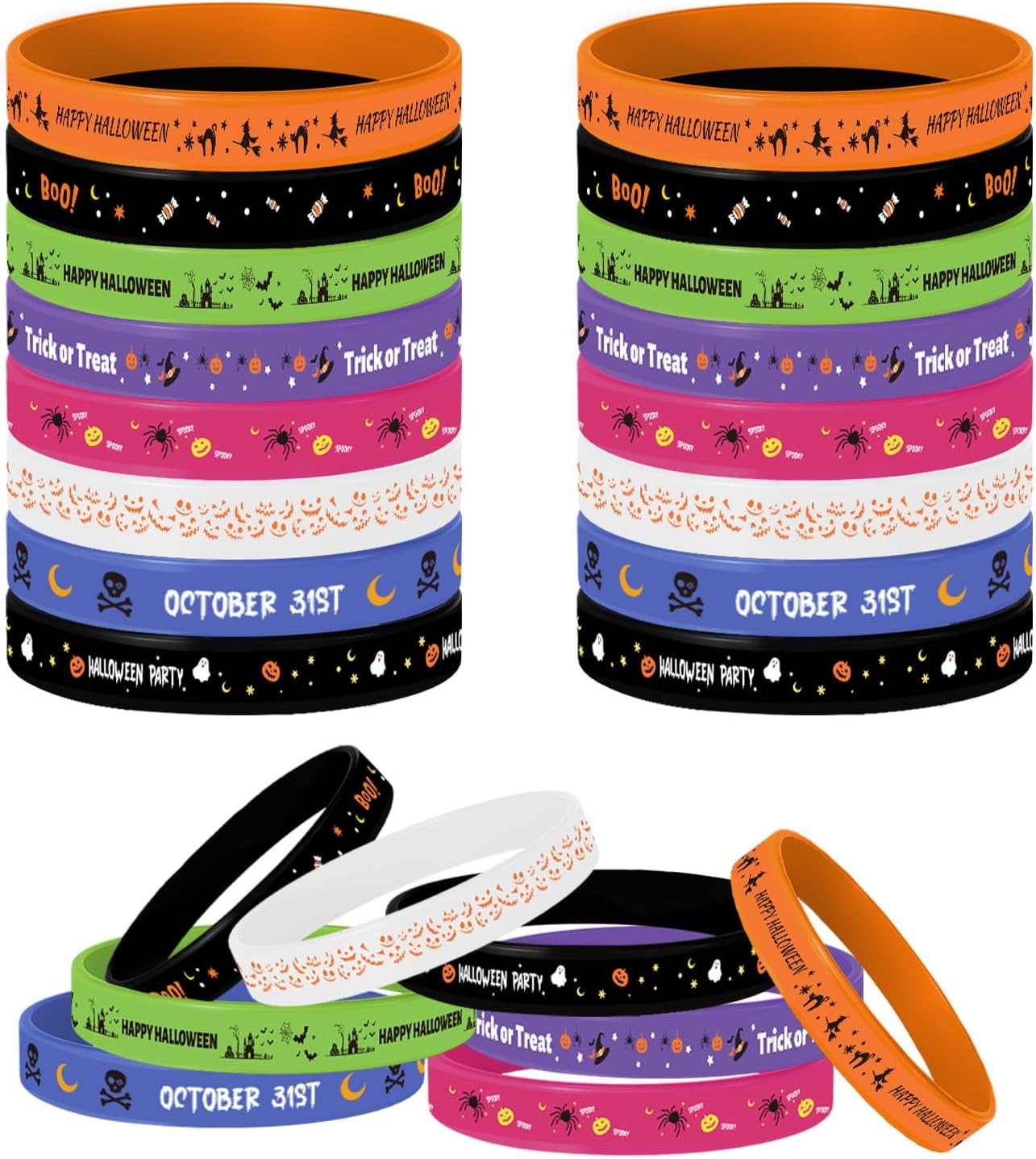24Pcs Halloween Party Favors, 8 Designs Silicone Bracelets Rubber Wristbands for Kids Halloween Party Decor Trick or Treat Classroom Supplies