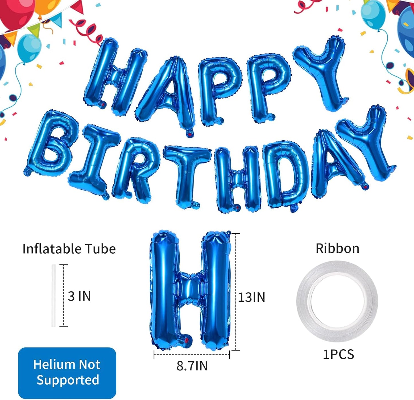 Blue Happy Birthday Balloon Banner, 16 Inch Foil Mylar Happy Birthday Balloons Letters, Reusable Happy Birthday Sign, Blue Birthday Decorations for Women, Men, Boys and Girls