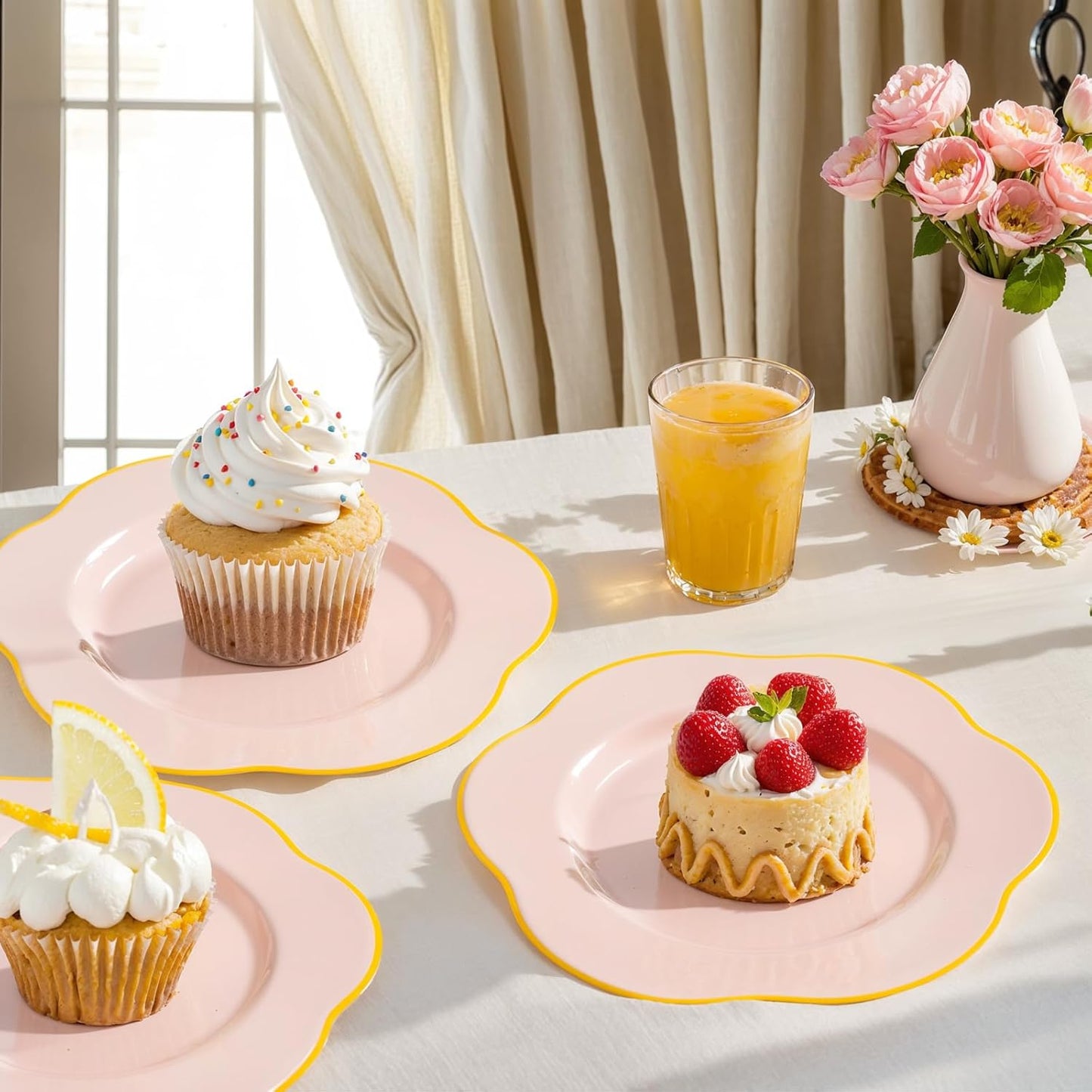 Liacere 100PCS Pink Dessert Plastic Plates - 7inch Disposable Floral Pink Gold Appetizer Cake Small Plates - Perfect for Wedding & Party & Holiday & &Baby Show