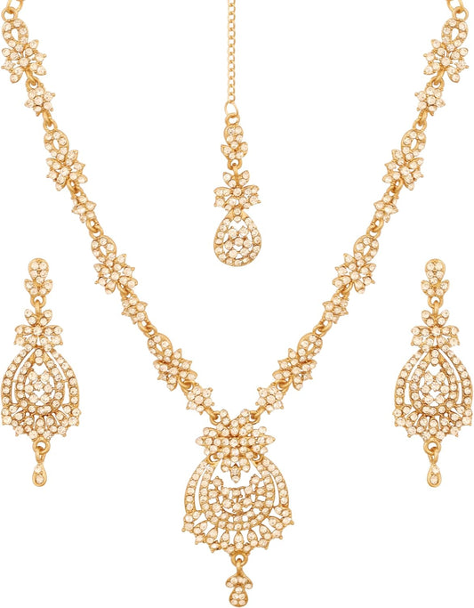 Touchstone Indian jewelry sets for women maang tikka wedding guest gold necklace bollywood jewellery set pageant elegant prom bride accessories western crystal chunky rhinestone necklaces