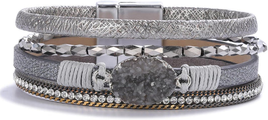 FANCY SHINY Leather Wrap Bracelet Boho Cuff Bangle Bracelets Crystal Bead Bracelet with Magnetic Clasp Jewelry Gifts for Women