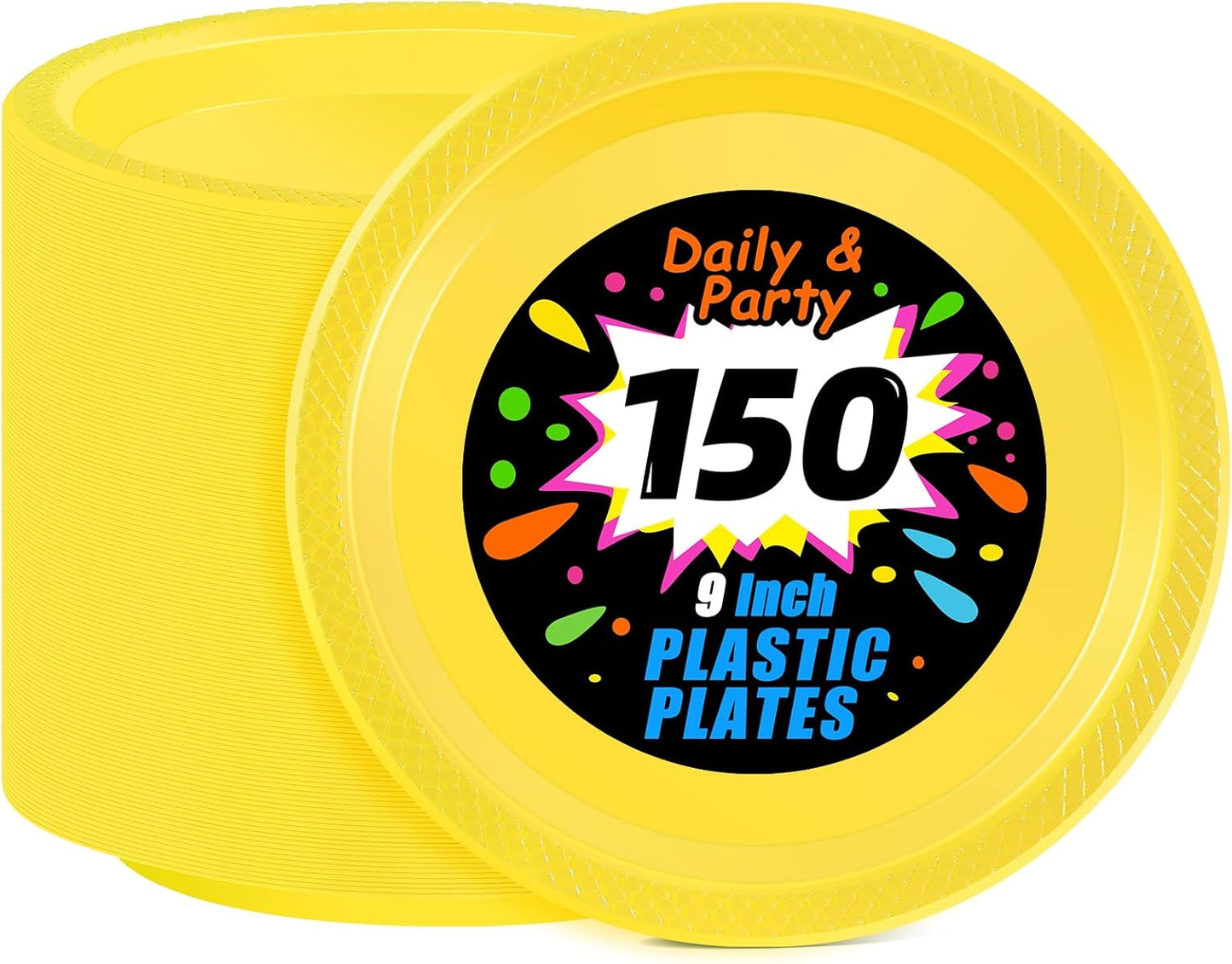WELLIFE Yellow Plastic Party Plates 9 Inch -150 Count, Disposable Plastic Dinner Plates for Easter Spring Parties Mother's Day Picnic BBQ