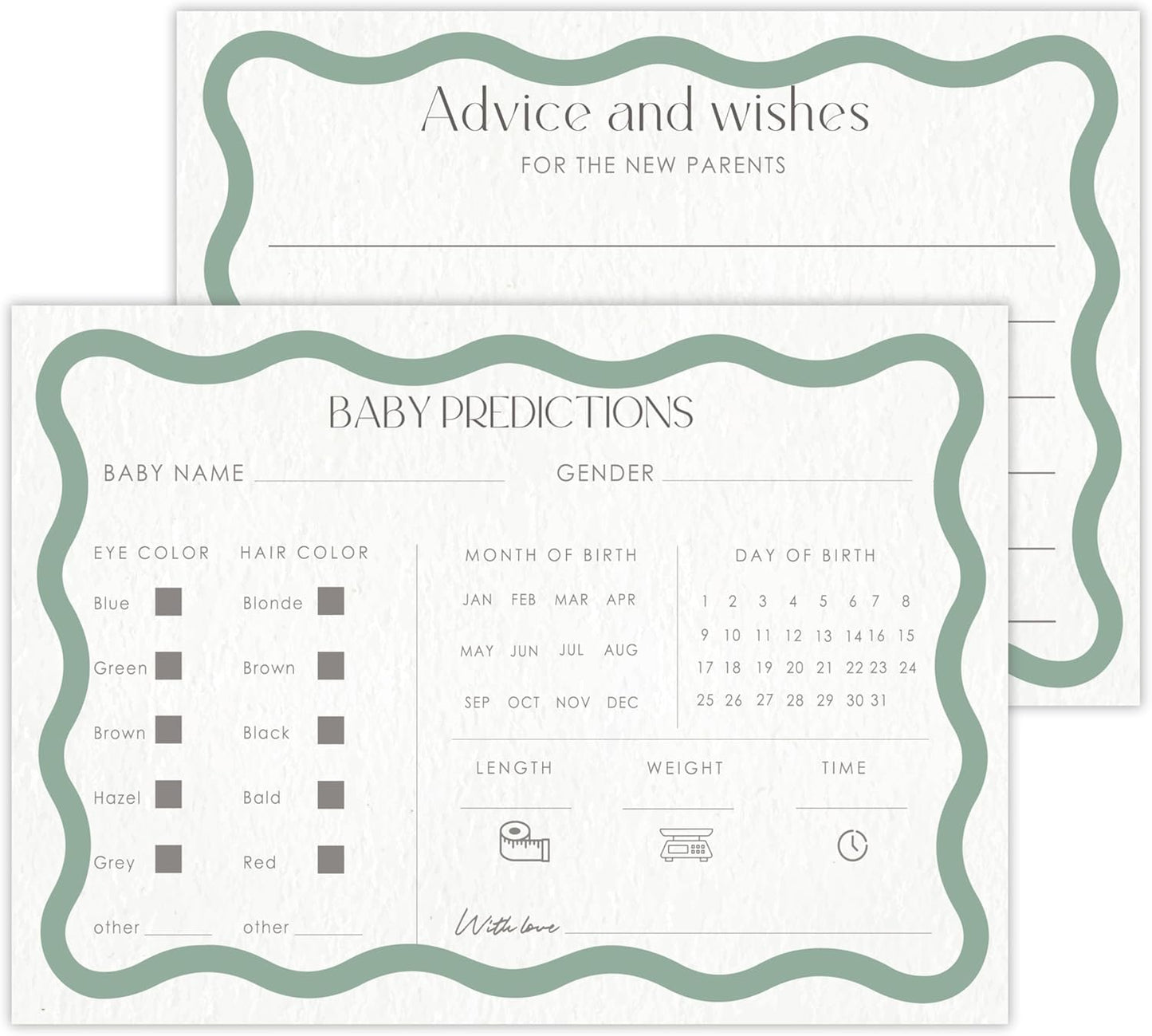 Advice For New Parents Baby Shower, Baby Predictions & Advice Cards For Baby Shower Games Activities, Wishes for Baby, 25 Double-Sided Thick Cards – Sage Green A09