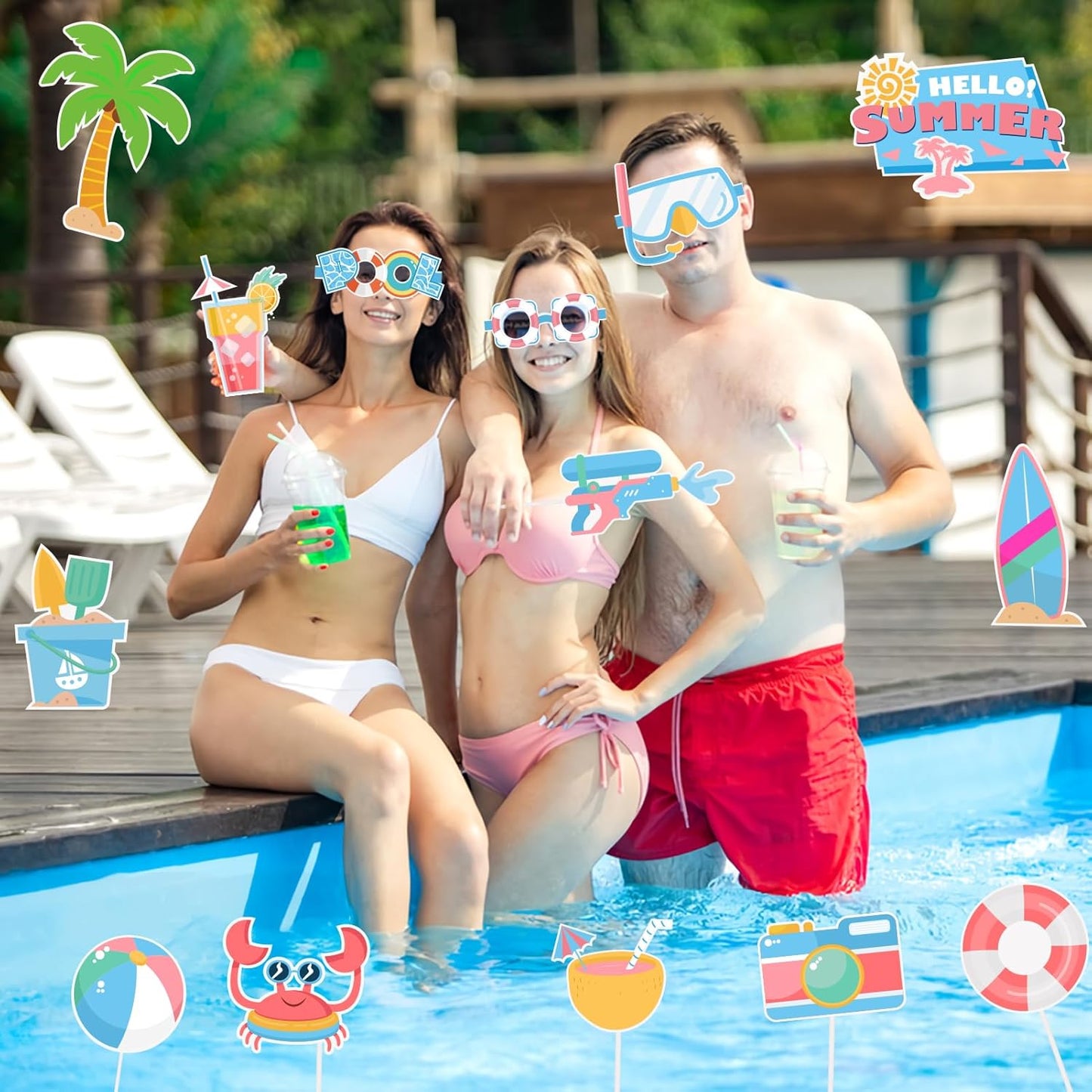 SUNBEAUTY 25 Pcs Beach Photo Booth Props Summer Party Decorations Beach Party Decorations Beach Decorations Pool,Hawaiian,Luau Photo Booth Props