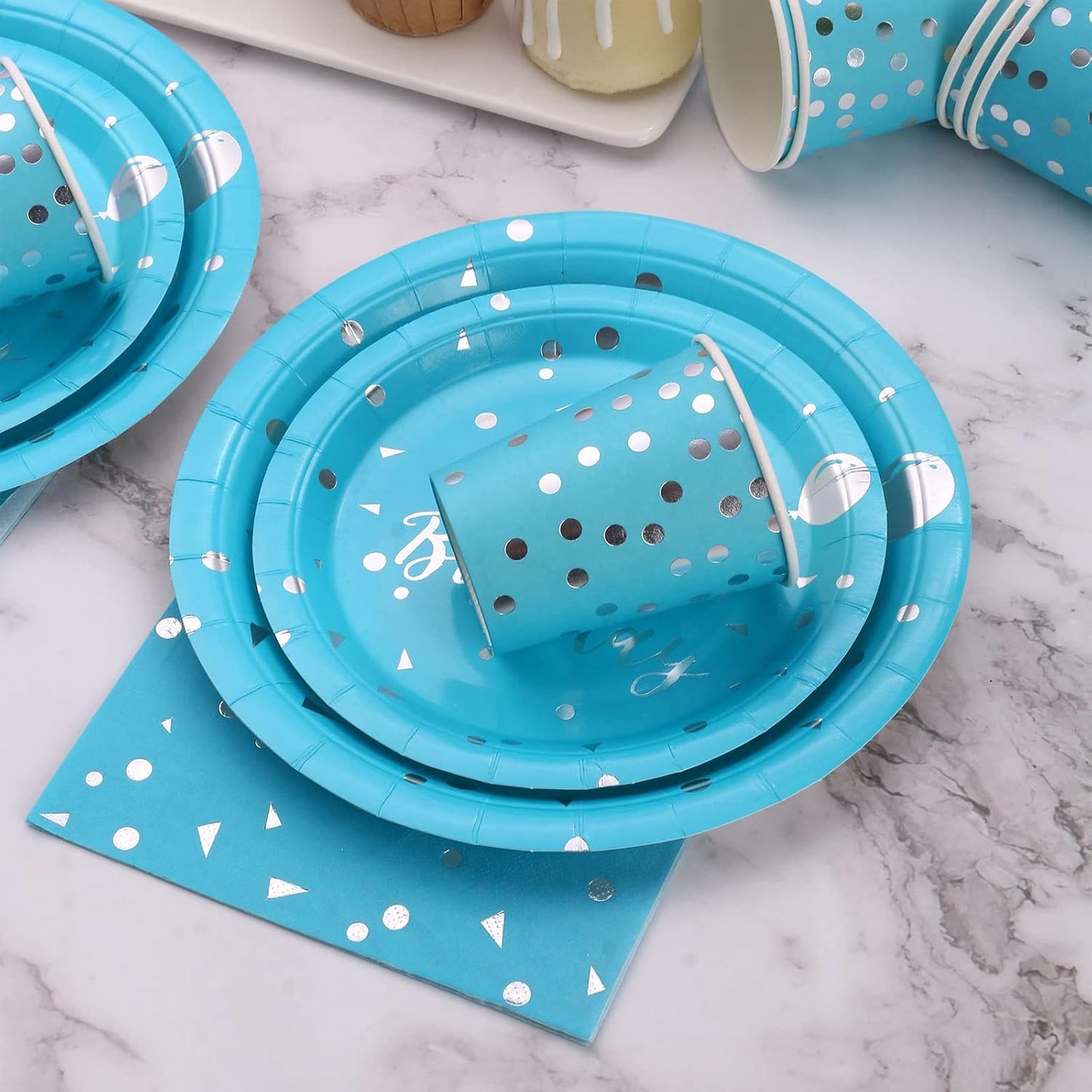 Light Blue Birthday Decorations - Light Blue Birthday Plates and Napkins Party Supplies Sever 25 Guest - Light Blue and Silver Paper Plates for Happy Birthday Party Decorations