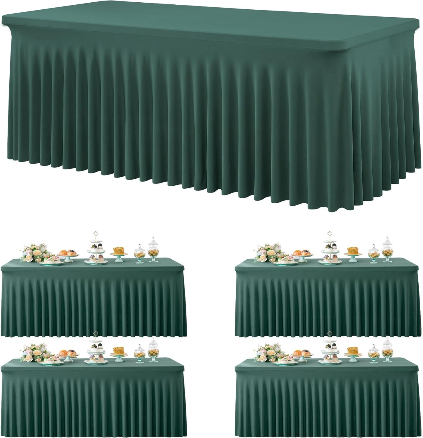 4 Pack Hunter Green Spandex Tablecloths for 8 Foot Rectangle Tables, Wrinkle Free Fitted Tablecover 8ft Stretchy Table Clothes with Skirt for Weddings Birthday Party Banquet Baby Shower