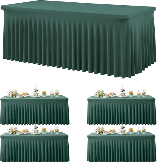 4 Pack Hunter Green Spandex Tablecloths for 8 Foot Rectangle Tables, Wrinkle Free Fitted Tablecover 8ft Stretchy Table Clothes with Skirt for Weddings Birthday Party Banquet Baby Shower