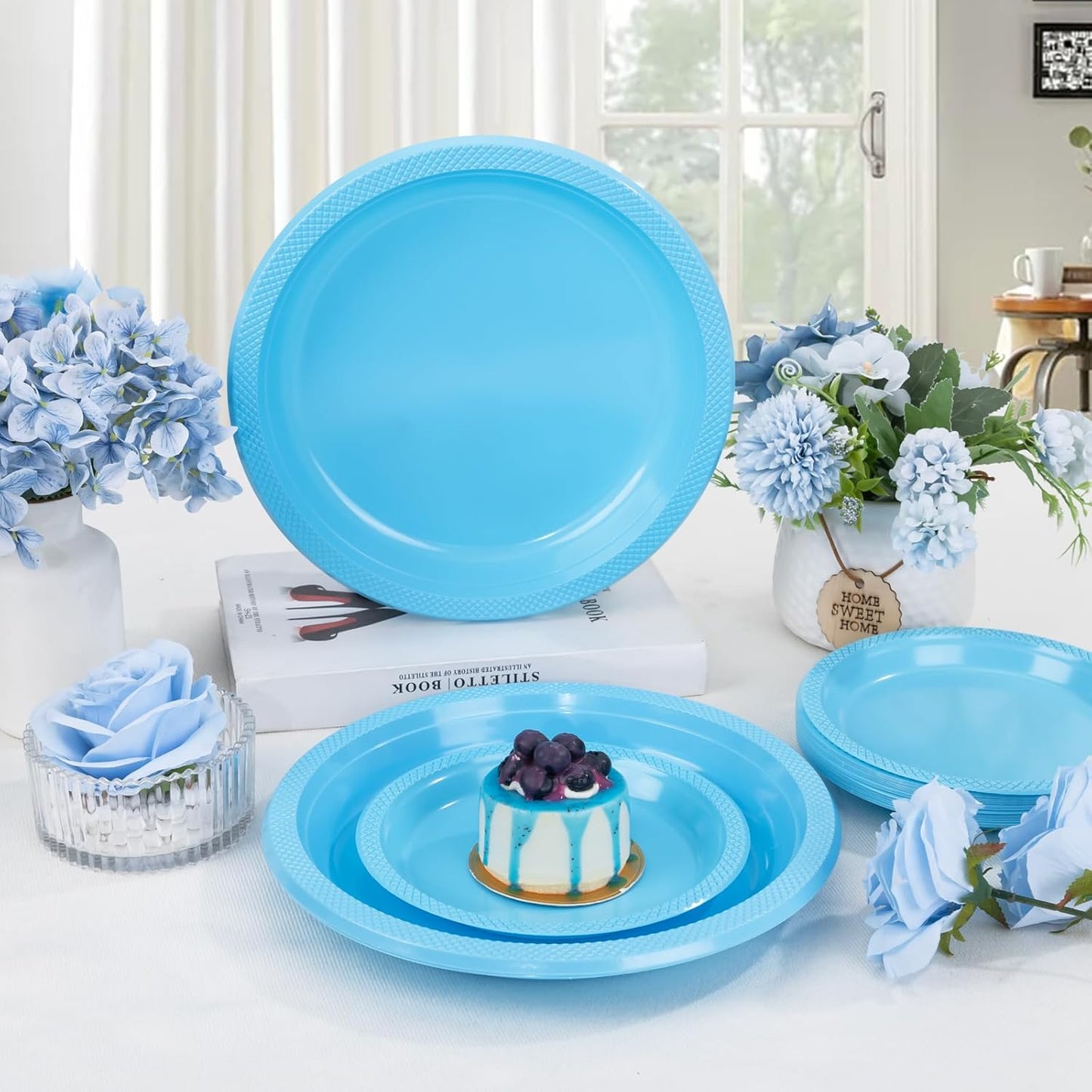 WELLIFE Light Blue Party Plates 7 Inch -150 Count, Disposable Plastic Baby Blue Dessert Plates for Party Cake Appetizer Salad Baby Shower