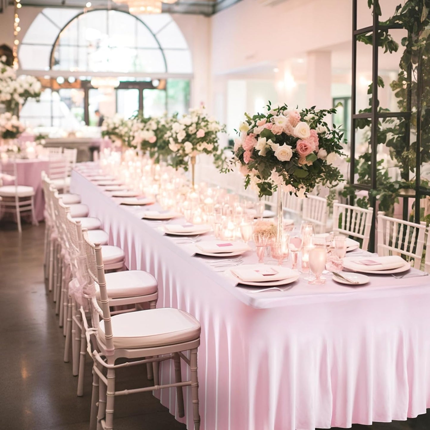 4 Packs Pink Table Clothes for 8 Foot Rectangle Tables, One-Piece Wrinkle Resistant Stretch Spandex Table Covers with Skirt for Event Banquet Wedding Birthday Party