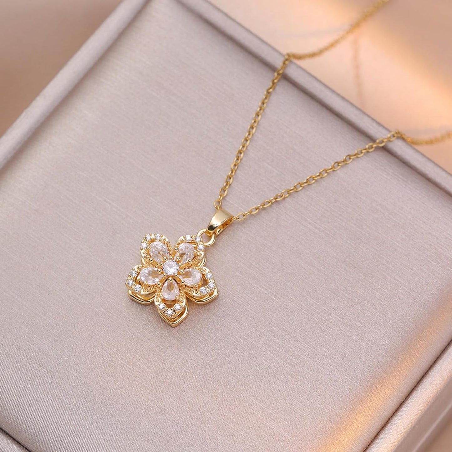Necklace for Women Gold Flower Fidget Necklace Rotatable Crystal Silver Blossom Pendant Necklaces Adjustable Spinning Fidget Necklaces Redbud Flower Choker Funny Gift Jewelry
