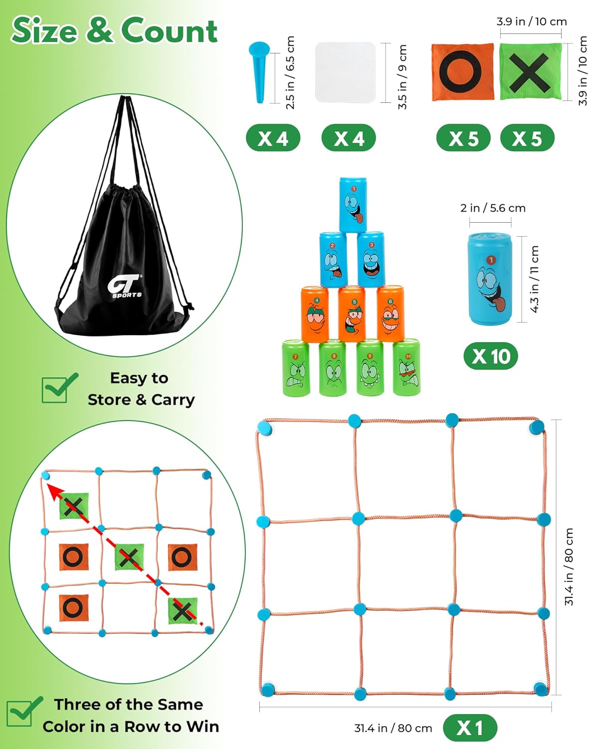 2-in-1 Giant Tic Tac Toe and Can Toss Game - Outdoor Games for Kids & Family, Backyard and Indoor Party Game Set with Bean Bags & Storage Bag