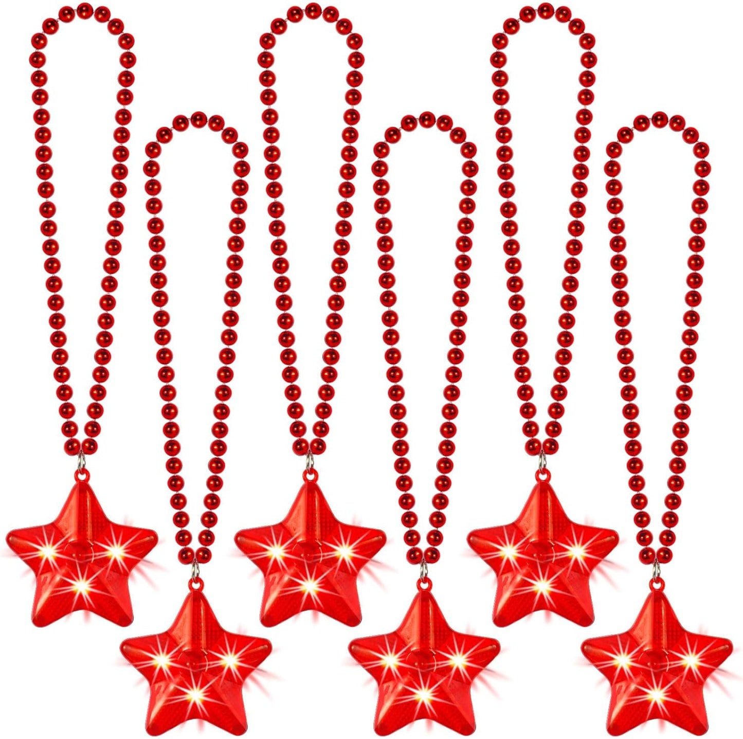 6 Pack Glow Red Necklace Beaded Necklaces with Light Up Star for Christmas July 4th Decorations Mardi Gras Party Favors