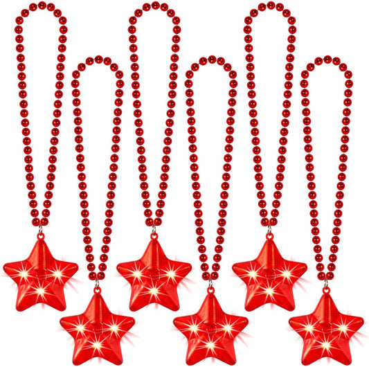 6 Pack Glow Red Necklace Beaded Necklaces with Light Up Star for Christmas July 4th Decorations Mardi Gras Party Favors