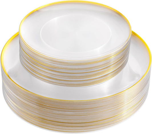 LIYH 60 Pcs Clear and Gold Plastic Plates Heavy Duty Clear Disposable Plates for Party Gold Plastic Plate for Wedding Birthday Include 30 Dinner 30 Dessert Plate