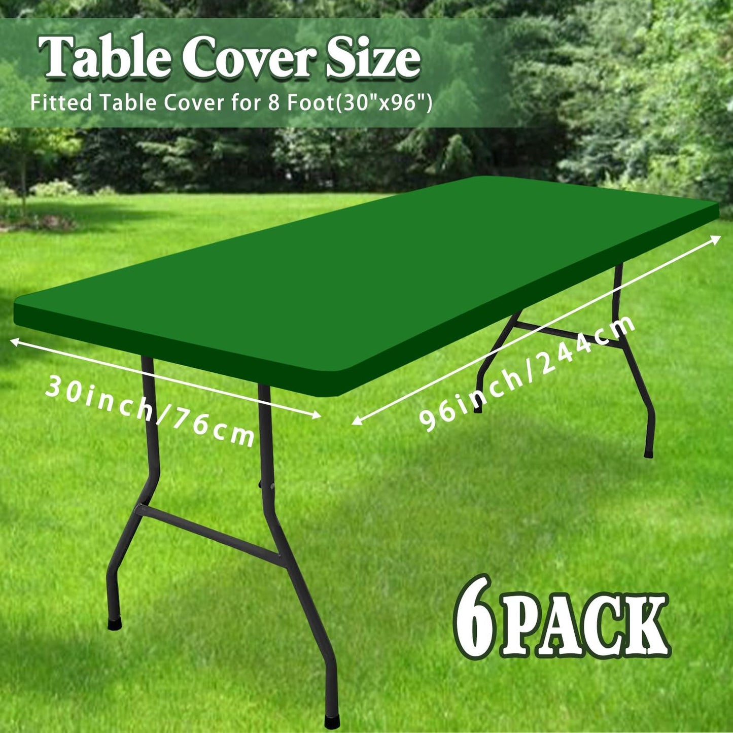 6 Pack Picnic Fitted Table Cover for 8 Foot Tablecloth for Rectangle Tables Waterproof Stretch Washable Folding Indoor and Outdoor Spandex Table Cloth for Camping Banquet and Parties (Green,30" x 96")