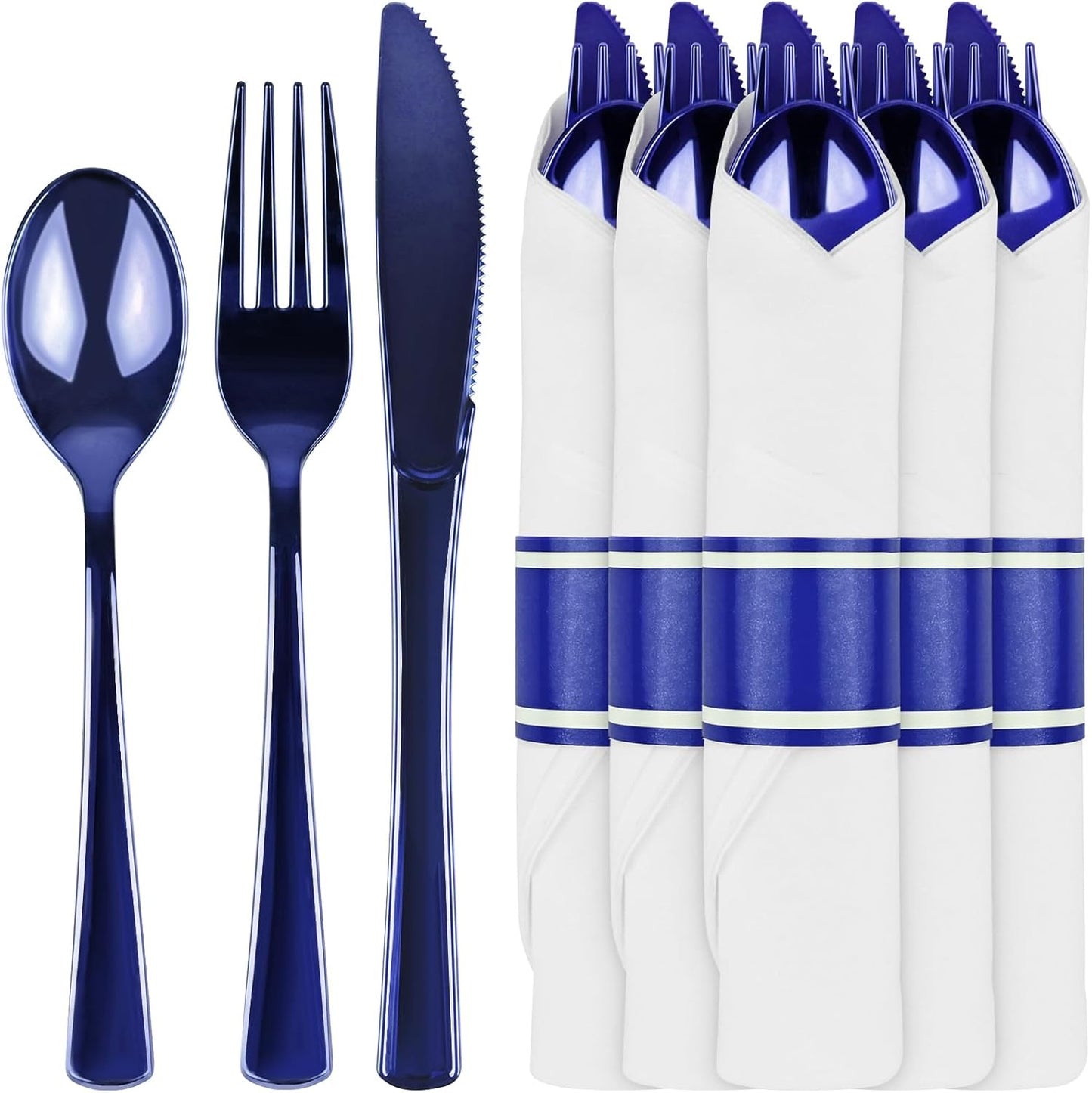 30Pack Blue Pre Rolled Plastic Silverware - Wrapped Blue Disposable Cutlery with Napkins, Heavy Duty Rolled Plastic Silverware Set, Disposable Utensils with Dinner Napkins for Party