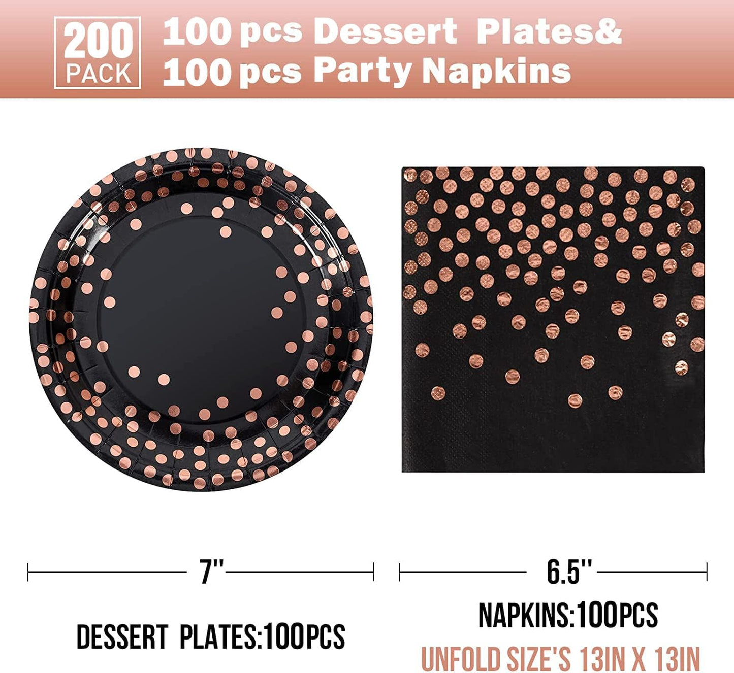 Black and Rose Gold Paper Plates and Napkins 200Pack-100 x 7" Dessert Plates & 100 x 6.5'' Napkins,Black Paper Plate for Appetizers,Cakes and Salads,for Birthday,Graduation,Retirement,Father's Day