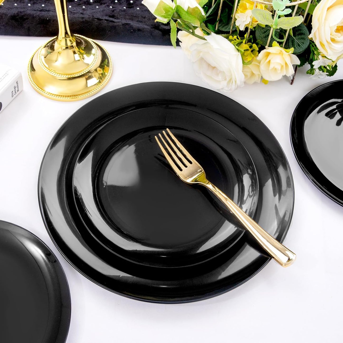 PULOTE 100PCS Black Plastic Plates Disposable - Premium Heavy Duty 50 Black Dinner, 50 Dessert/Salad Plates - Ideal for Party, Halloween