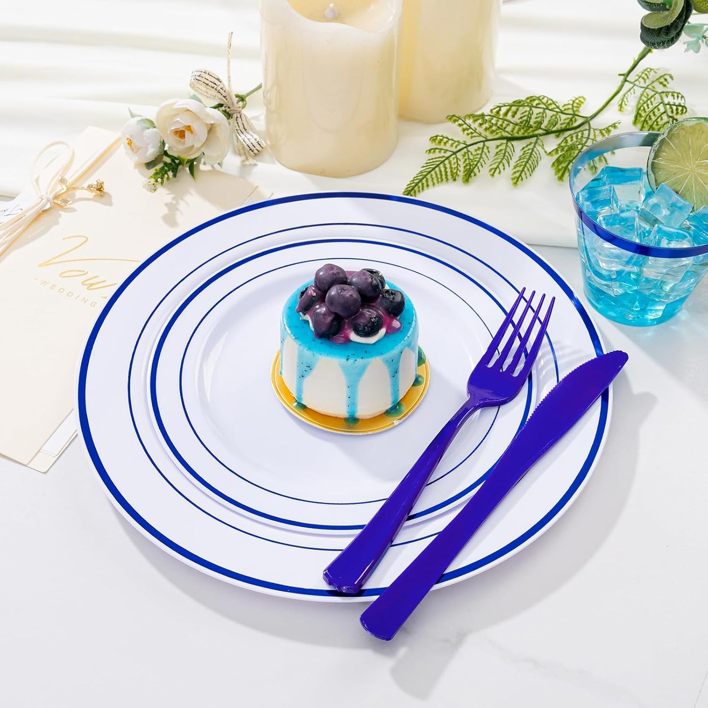 WELLIFE 700 Pcs Blue Plastic Plates for 100 Guests - Plastic Dinnerware Set,Party Supplies Includes 200 Blue Disposable Plates,300 Silverware,100 Napkins,100 Cups