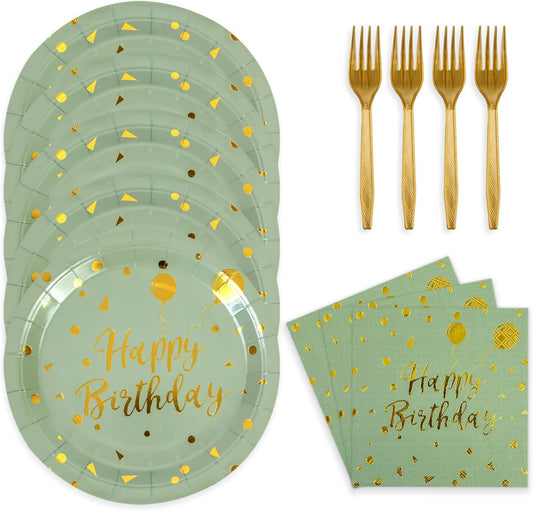 48PCS Happy Birthday Plates and Napkins Party Supplies, Sage Green and Gold Disposable Paper Plates and Napkins with Forks Tableware Set for Birthday Party Decorations 16 Guests (Sage Green)