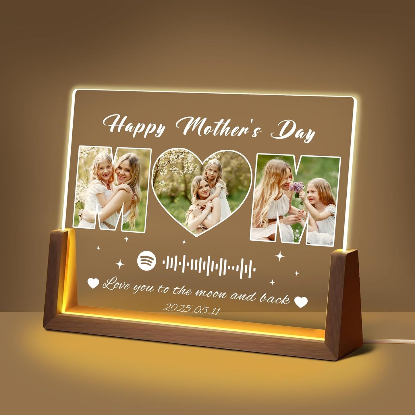 Personalized Mothers Day Birthday Gifts For Mom, Custom Spotify Plaque Mom Gift From Daughter Son Husband, Light Up Picture Frame With Photo Name Customized Christmas Gifts For Women Wife