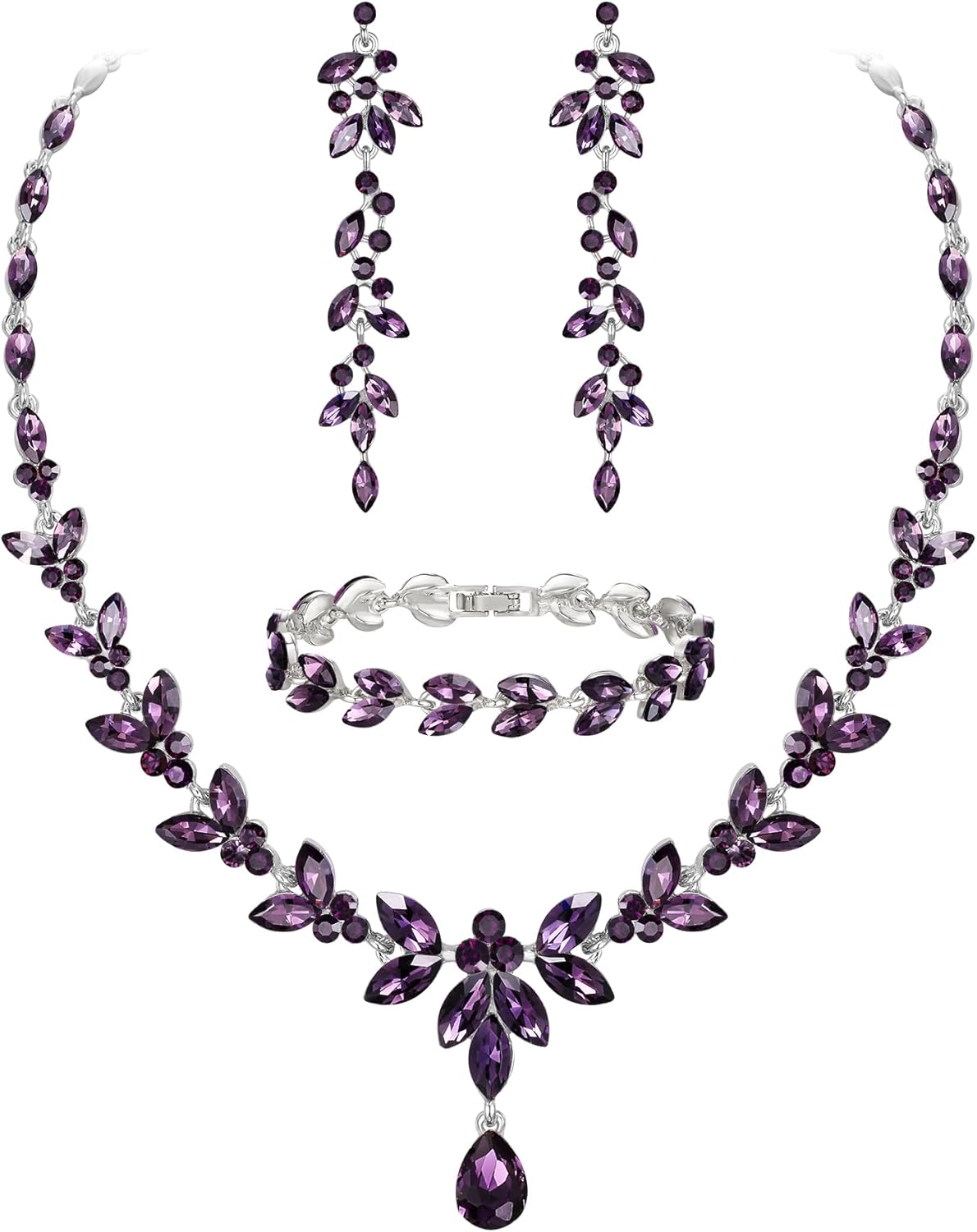 EVER FAITH Austrian Crystal Bridal Bridesmaid Jewelry Sets, Elegant Marquise Rhinestone Leaf Necklace Dangle Earrings Tennis Bracelet Set for Women