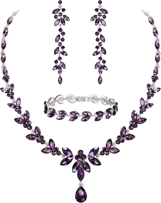 EVER FAITH Austrian Crystal Bridal Bridesmaid Jewelry Sets, Elegant Marquise Rhinestone Leaf Necklace Dangle Earrings Tennis Bracelet Set for Women