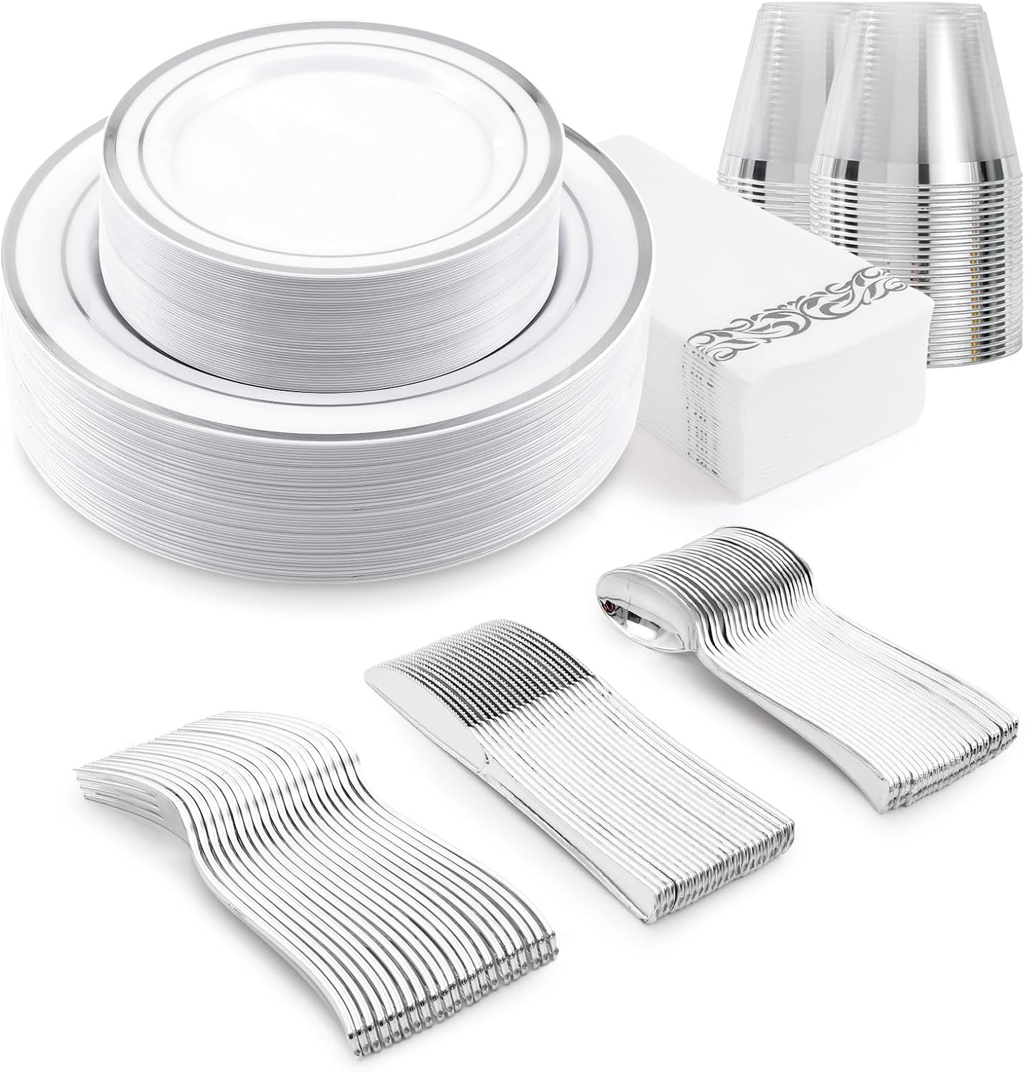 350-Piece Silver Rim Plastic Dinnerware Set for 50 Guests, Elegant Disposable Dinnerware for Party, Wedding. Includes Dinner Plates, Dessert Plates, Silverware, Napkins, Cups