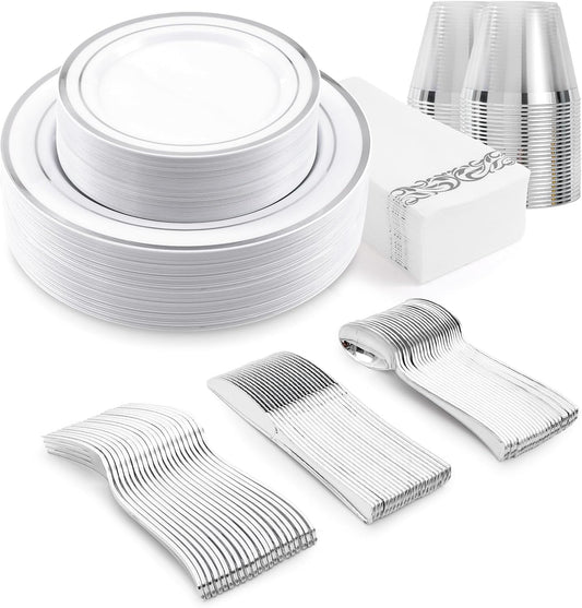 350-Piece Silver Rim Plastic Dinnerware Set for 50 Guests, Elegant Disposable Dinnerware for Party, Wedding. Includes Dinner Plates, Dessert Plates, Silverware, Napkins, Cups